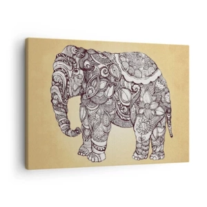 Cuadro sobre lienzo - Impresión de Imagen - Elefante dibujado a mano con un patrón ornamentado sobre un fondo beige. - 70x50cm - El elefante decorado - Decoración de pared moderna para salón y dormitorio ARTTOR