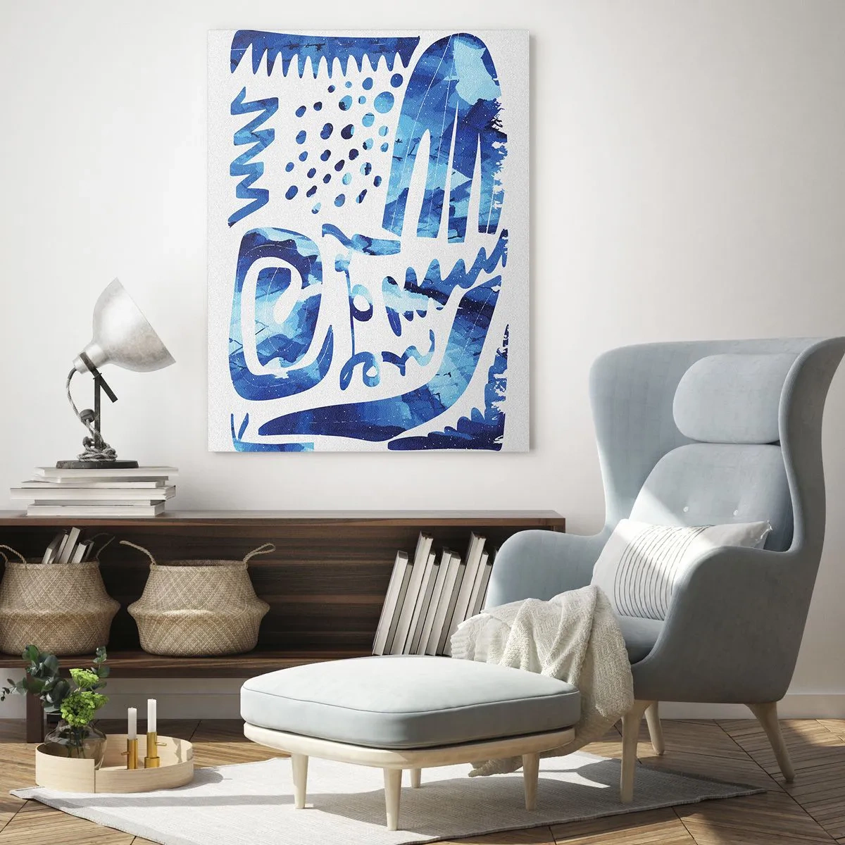 Cuadro sobre vidrio - Impresiones sobre Vidrio - Abstracción azul dinámica con formas geométricas. - 50x70cm - Vuelta a las raíces - Decoración de pared moderna para salón y dormitorio ARTTOR