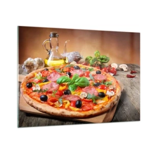 Cuadro sobre vidrio - Impresiones sobre Vidrio - Pizza con ingredientes sobre una mesa de madera con aceite de oliva y especias. - 100x70cm - Con un verdadero sabor italiano - Decoración de pared moderna para salón y dormitorio ARTTOR