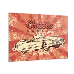 Cuadro sobre vidrio - Impresiones sobre Vidrio - Gráfico retro de un coche clásico sobre un fondo de rayos. - 100x70cm - Y Elvis en la radio - Decoración de pared moderna para salón y dormitorio ARTTOR