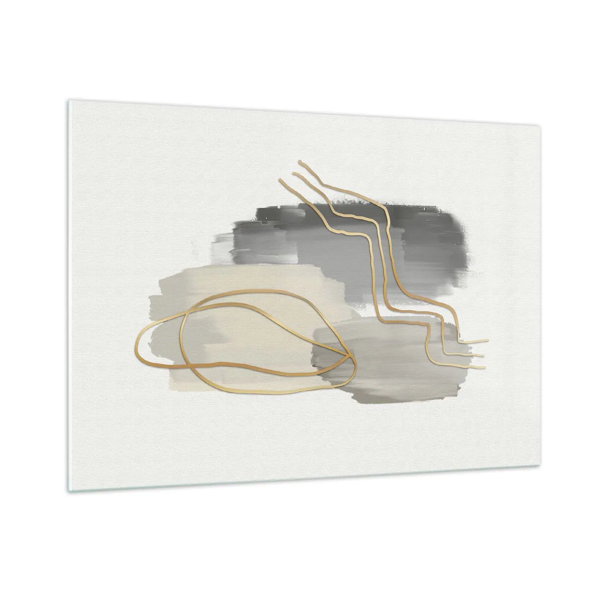 Cuadro sobre vidrio - Impresiones sobre Vidrio - Abstracción con manchas grises y líneas doradas sobre un fondo claro. - 100x70cm - Persistencia y movimiento - Decoración de pared moderna para salón y dormitorio ARTTOR