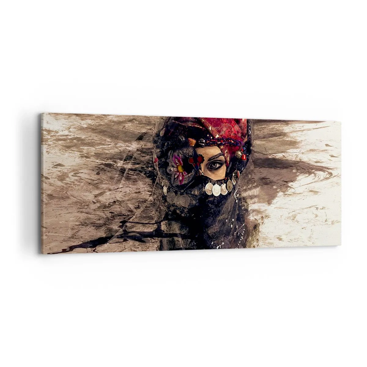 Cuadro sobre lienzo - Impresión de Imagen - Retrato artístico de una mujer con atuendo oriental sobre un fondo abstracto. - 120x50cm - Inquietante, como mínimo - Decoración de pared moderna para salón y dormitorio ARTTOR