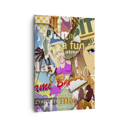 Cuadro sobre lienzo - Impresión de Imagen - Un collage colorido con elementos retro y pop art. - 70x100cm - Recuerdos de las vacaciones - Decoración de pared moderna para salón y dormitorio ARTTOR