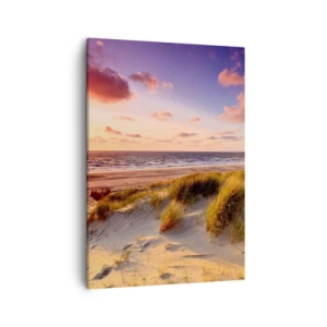 Cuadro sobre lienzo - Impresión de Imagen - Una playa cubierta de hierba y una puesta de sol sobre un mar en calma. - 50x70cm - Se siente la brisa veraniega - Decoración de pared moderna para salón y dormitorio ARTTOR