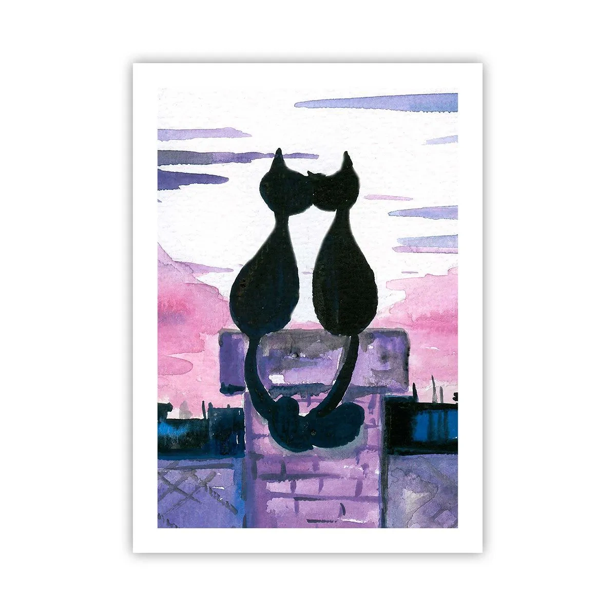 Póster - Dos gatos negros contra un cielo rosa-violeta. - 50x70cm - Cita bajo la luna - Decoración de pared moderna para salón y dormitorio ARTTOR