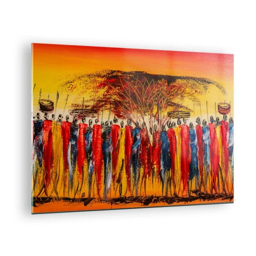 Cuadro sobre vidrio - Impresiones sobre Vidrio - Una escena colorida con personas con trajes tradicionales africanos. - 70x50cm - Allí, allí, allí van - Decoración de pared moderna para salón y dormitorio ARTTOR