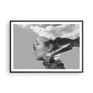 Póster en marco negro - Una composición en blanco y negro con la silueta de una mujer y un paisaje de montaña. - 100x70cm - Retrato sobre montañas y nubes - Decoración de pared moderna para salón y dormitorio ARTTOR