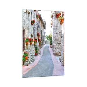 Cuadro sobre vidrio - Impresiones sobre Vidrio - Una calle estrecha con edificios de piedra decorados con macetas. - 80x120cm - Ambiente italiano - Decoración de pared moderna para salón y dormitorio ARTTOR