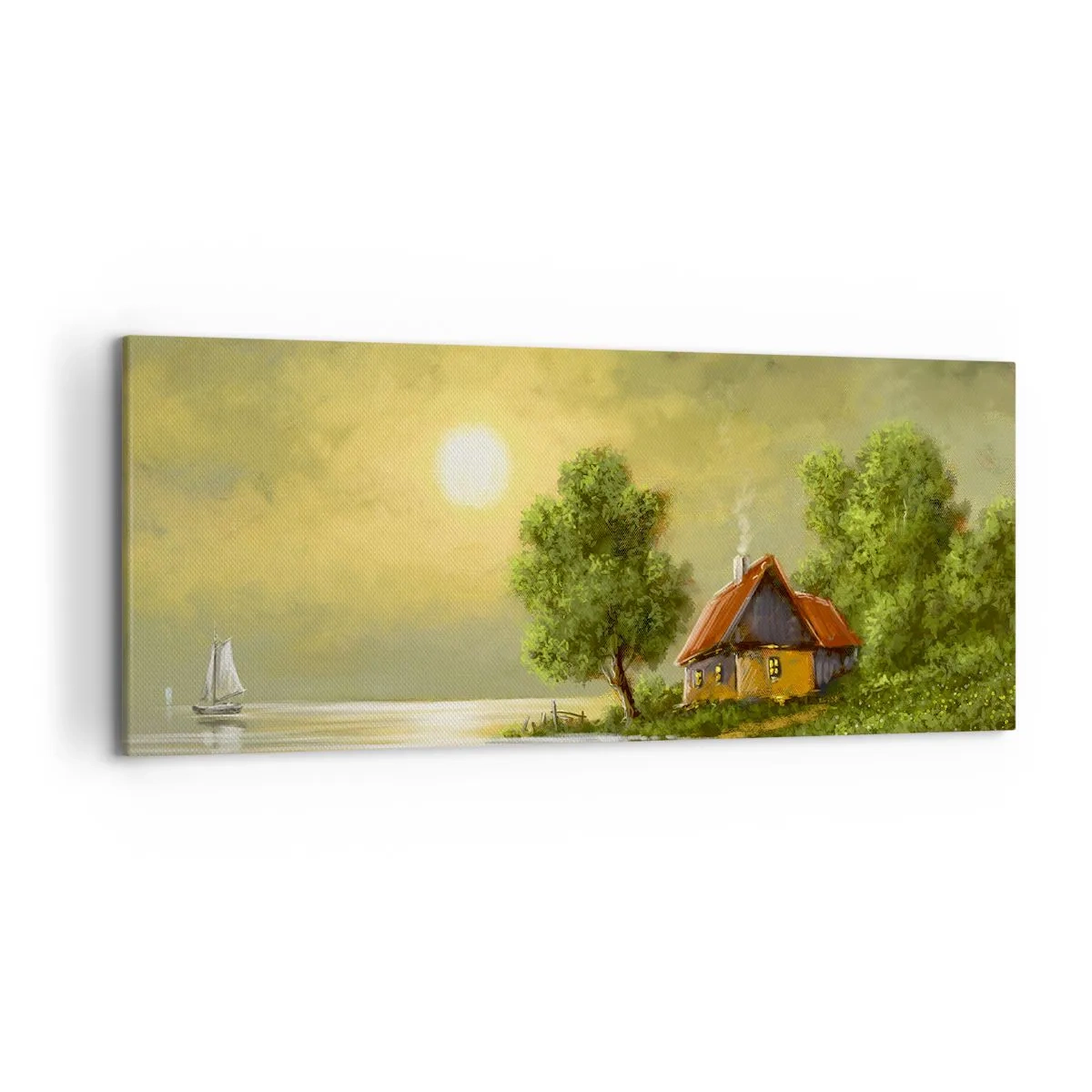Cuadro sobre lienzo - Impresión de Imagen - Casa del lago a la luz del atardecer - 120x50cm - Es hermoso, como salido de un cuadro - Decoración de pared moderna para salón y dormitorio ARTTOR