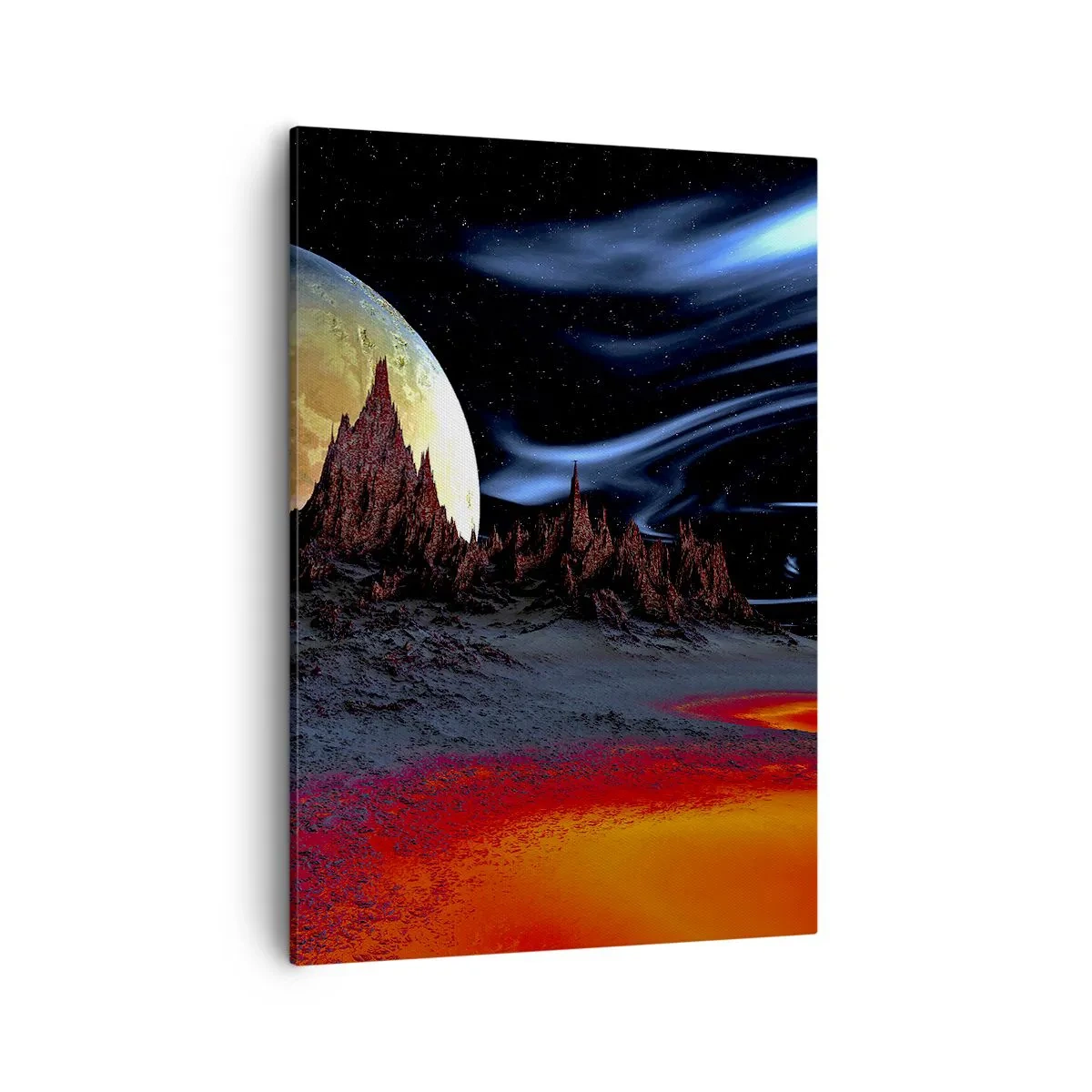 Cuadro sobre lienzo - Impresión de Imagen - Un paisaje fantástico con planetas y paisajes volcánicos. - 50x70cm - Mundo desconocido - Decoración de pared moderna para salón y dormitorio ARTTOR