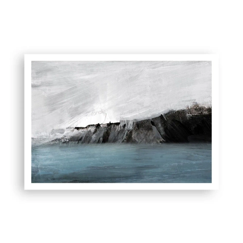 Póster - Paisaje abstracto con agua y una orilla rocosa - 100x70cm - Agua - tierra: un choque de elementos - Decoración de pared moderna para salón y dormitorio ARTTOR