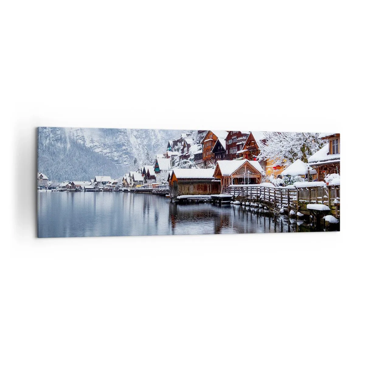 Cuadro sobre lienzo - Impresión de Imagen - Vista invernal de un pueblo de montaña junto al lago. - 160x50cm - En un decorado de invierno - Decoración de pared moderna para salón y dormitorio ARTTOR
