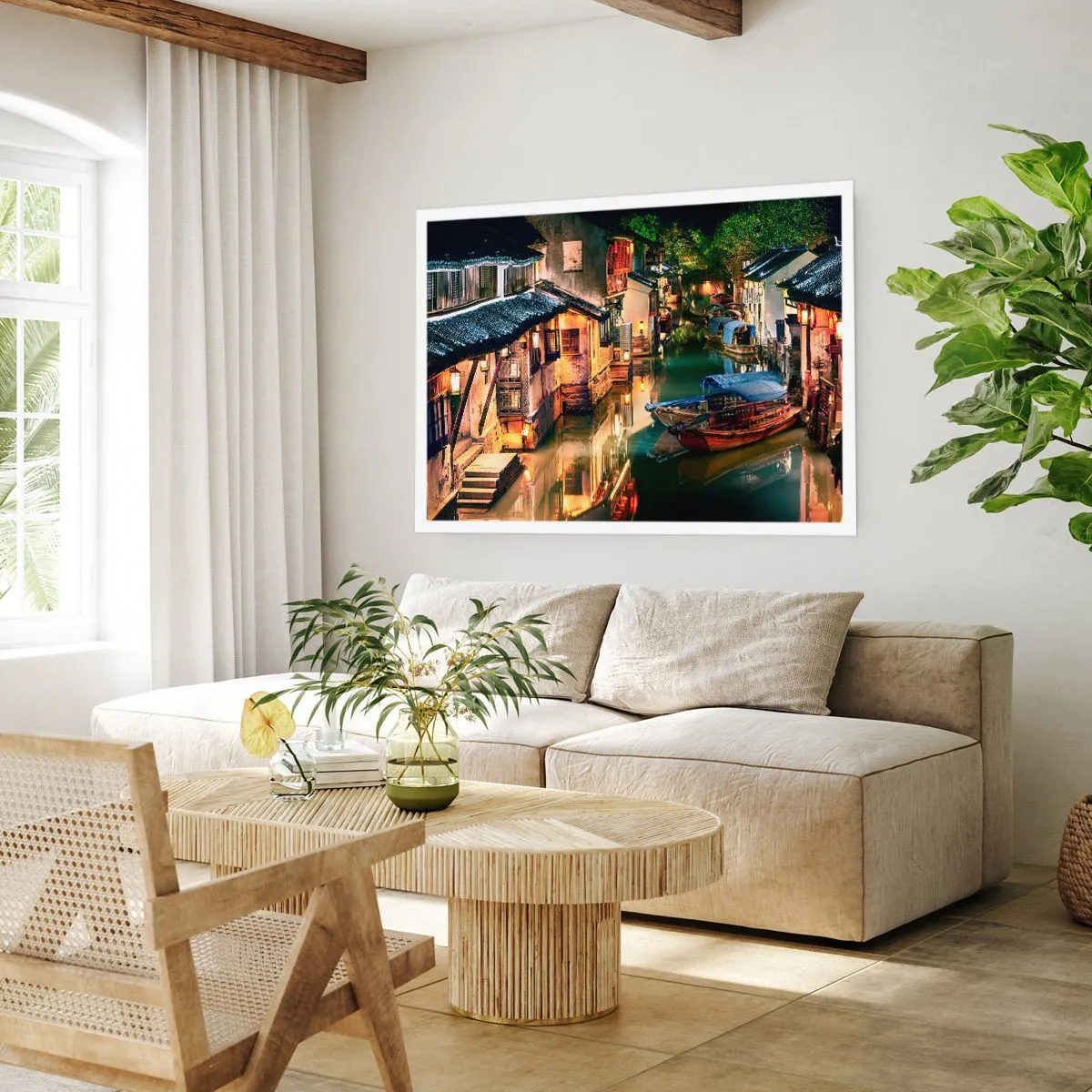 Póster - Vista nocturna de los canales con barcos y casas tradicionales. - 100x70cm - Noche en una calle china - Decoración de pared moderna para salón y dormitorio ARTTOR