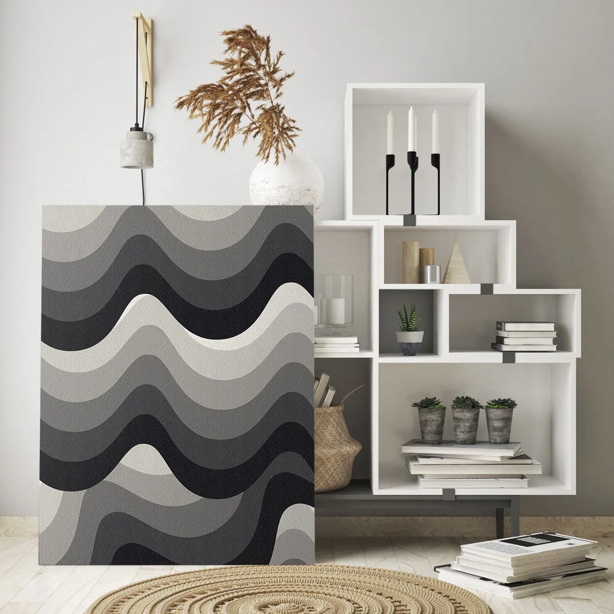 Cuadro sobre vidrio - Impresiones sobre Vidrio - Las ondas en tonos de gris crean un patrón geométrico rítmico. - 50x70cm - Ola tras ola - Decoración de pared moderna para salón y dormitorio ARTTOR