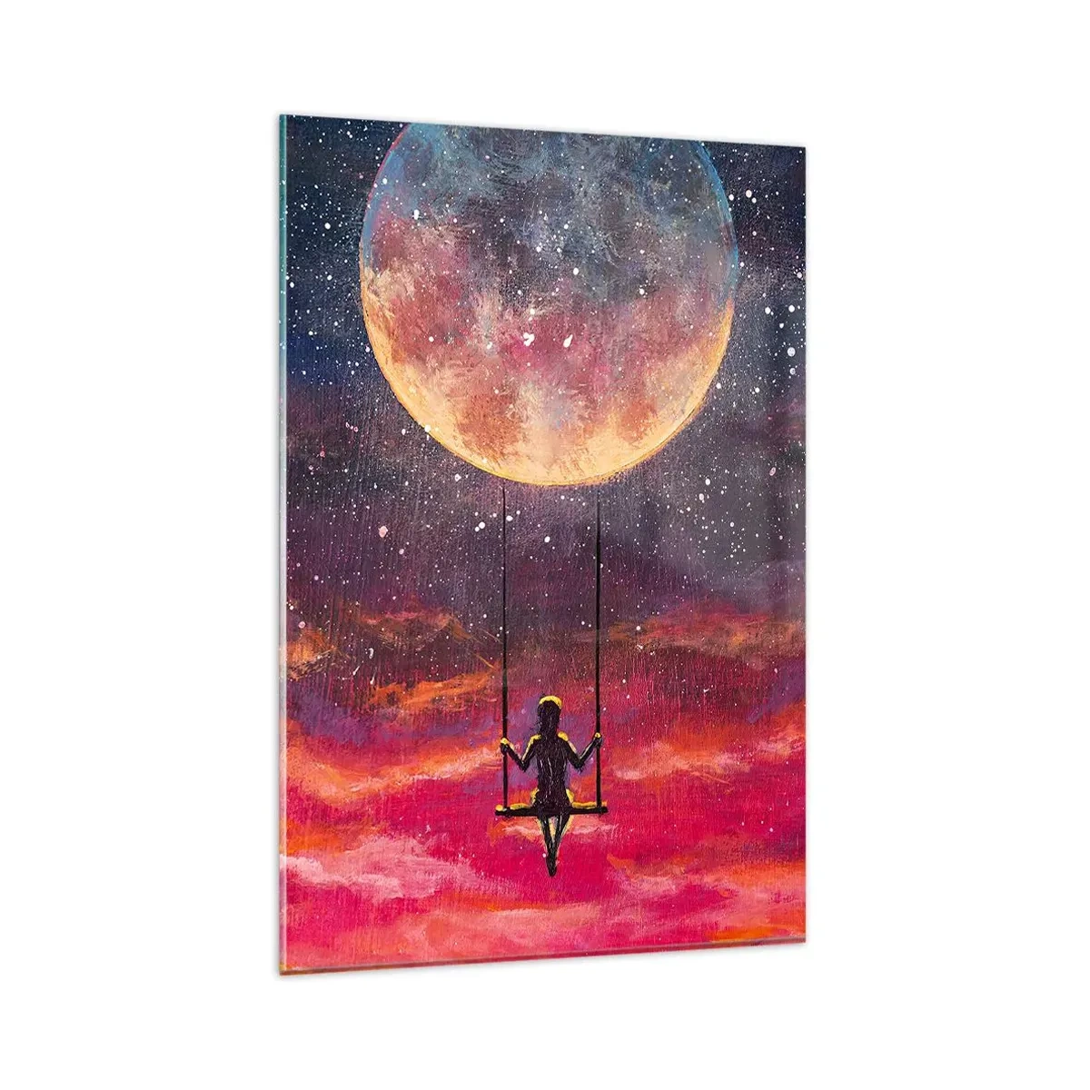 Cuadro sobre vidrio - Impresiones sobre Vidrio - Una figura en un columpio suspendido contra la luna. - 80x120cm - Disfrutar de las nubes - Decoración de pared moderna para salón y dormitorio ARTTOR