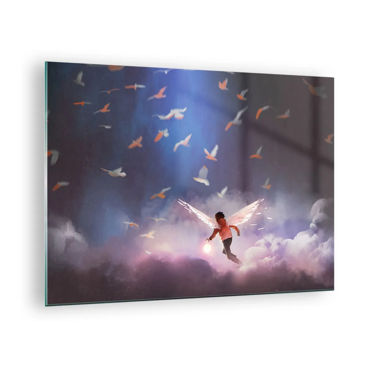 Cuadro sobre vidrio - Impresiones sobre Vidrio - Una figura con alas de ángel flotando entre las nubes. - 70x50cm - Imaginación y valor - Decoración de pared moderna para salón y dormitorio ARTTOR