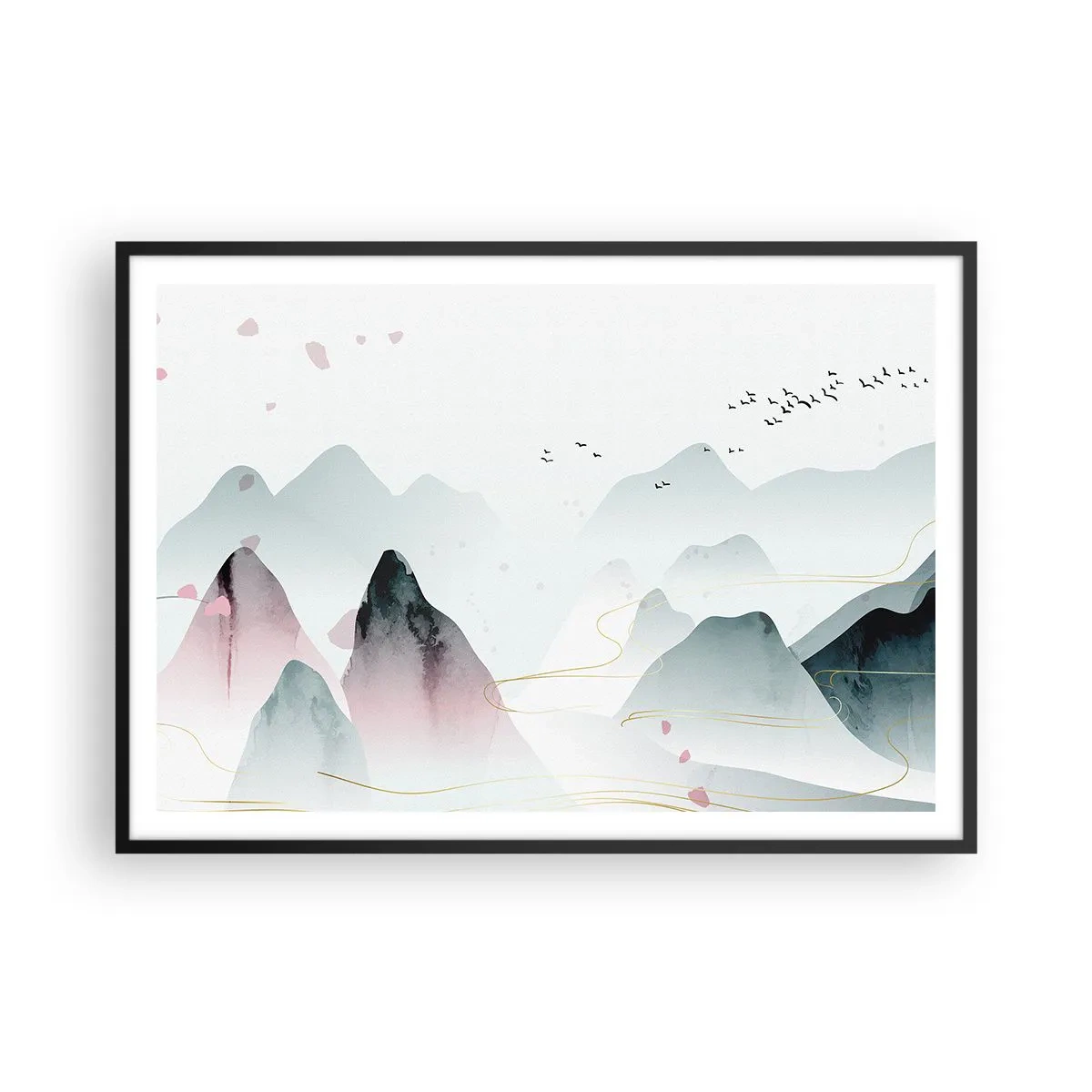 Póster en marco negro - Montañas abstractas en tonos pastel - 100x70cm - Sobre las cimas - Decoración de pared moderna para salón y dormitorio ARTTOR