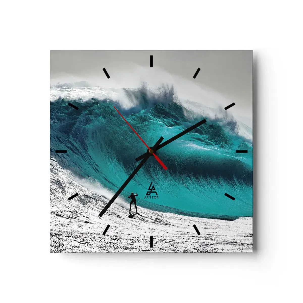 Reloj de pared - Reloj de vidrio - Surfista frente a una ola gigante - 30x30cm - Reto aceptado - Decoración de pared moderna para salón y dormitorio ARTTOR