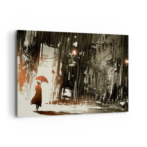Cuadro sobre lienzo - Impresión de Imagen - Una figura roja con un paraguas en una escena lluviosa. - 100x70cm - Poesía de un paraguas rojo - Decoración de pared moderna para salón y dormitorio ARTTOR