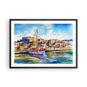 Póster en marco negro - Un puerto pintoresco con un barco y edificios coloridos. - 70x50cm - Tarde de arco iris - Decoración de pared moderna para salón y dormitorio ARTTOR