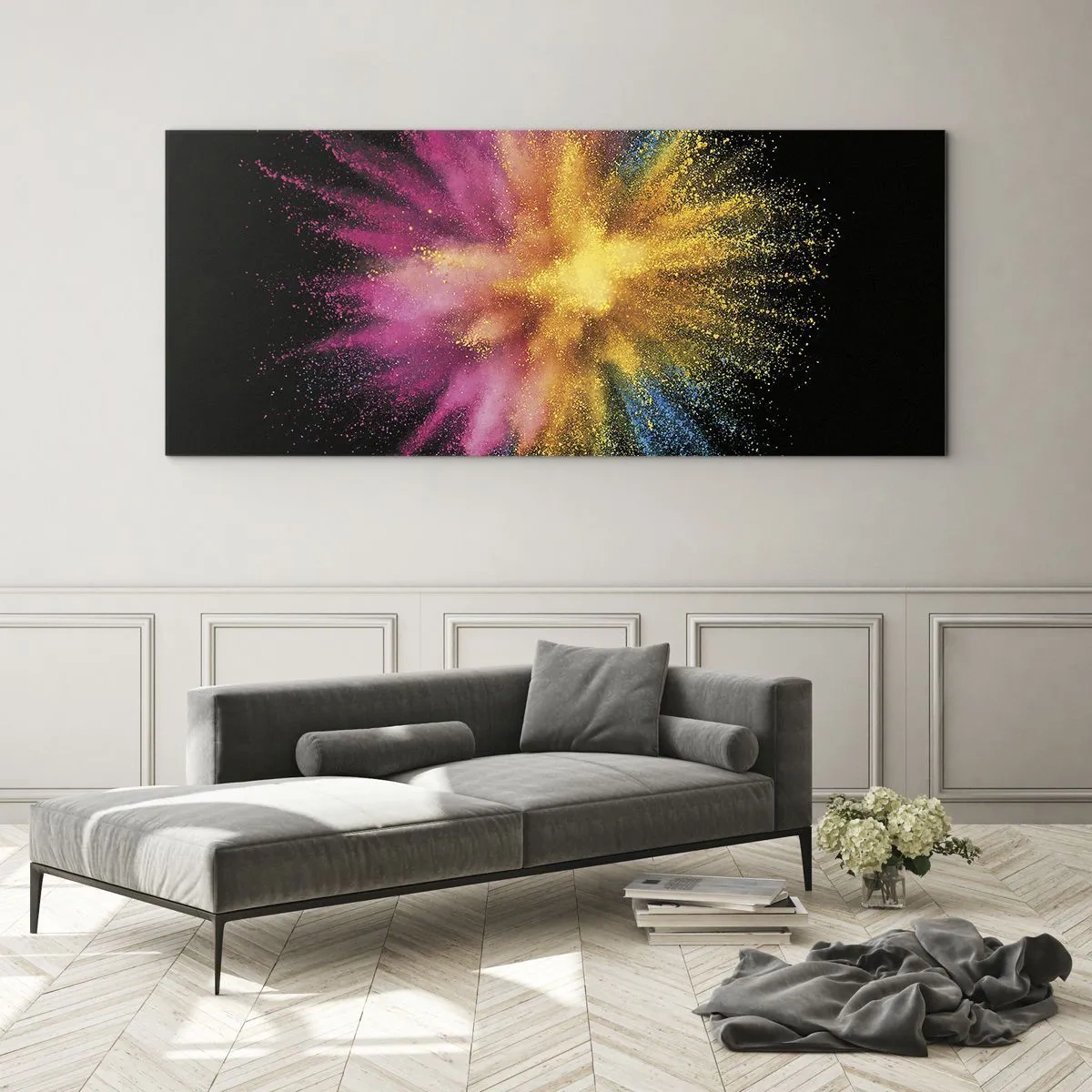 Cuadro sobre vidrio - Impresiones sobre Vidrio - Explosión de polvo colorido sobre un fondo negro - 140x50cm - El nacimiento de los colores - Decoración de pared moderna para salón y dormitorio ARTTOR