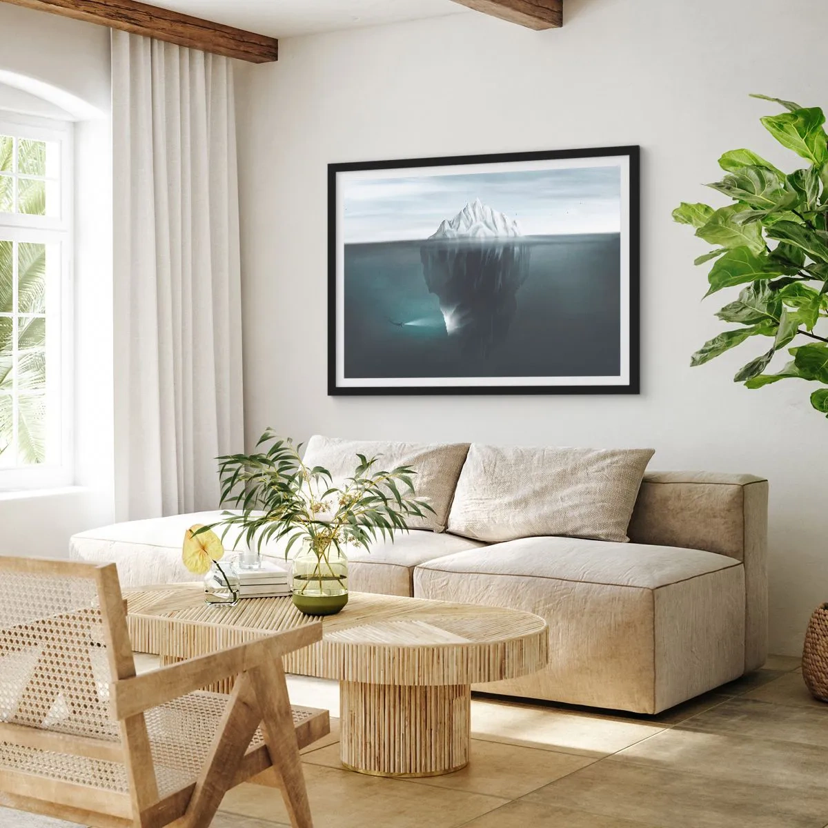 Póster en marco negro - Un iceberg en el agua con un buzo y un reflector debajo de la superficie. - 70x50cm - Misterio submarino - Decoración de pared moderna para salón y dormitorio ARTTOR