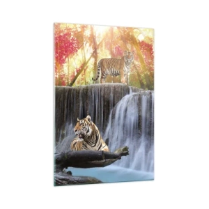 Cuadro sobre vidrio - Impresiones sobre Vidrio - Tigres en una cascada en el bosque otoñal - 70x100cm - Paisaje surrealista    - Decoración de pared moderna para salón y dormitorio ARTTOR