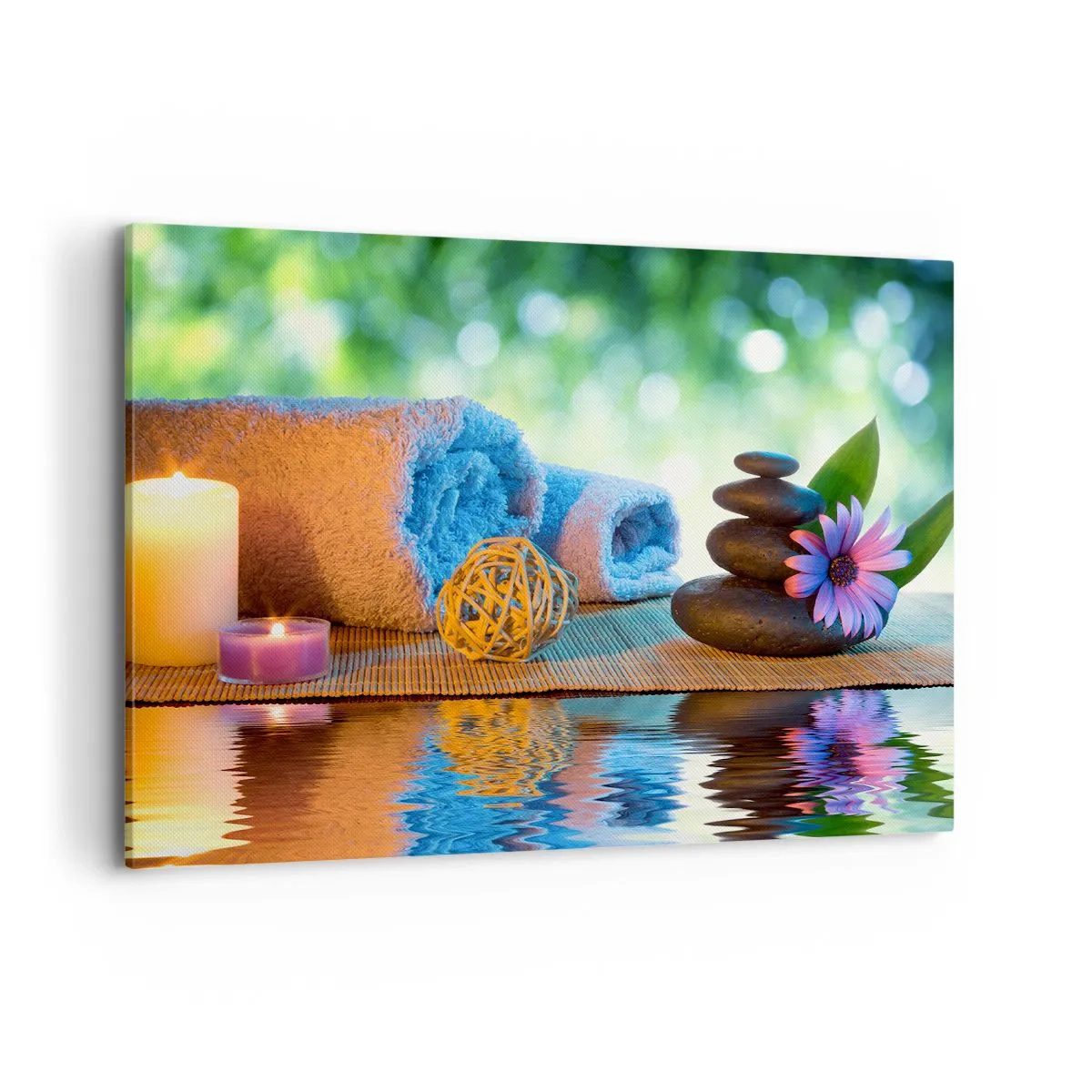 Cuadro sobre lienzo - Impresión de Imagen - Set de SPA relajante con toallas, velas y piedras - 100x70cm - Tiempo para el cuerpo - Decoración de pared moderna para salón y dormitorio ARTTOR