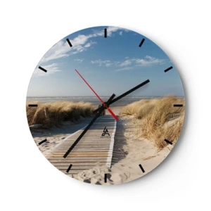 Reloj de pared - Reloj de vidrio - Camino de madera en la playa con vistas al mar. - 30x30cm - Más allá de la duna, en el susurro de la naturaleza - Decoración de pared moderna para salón, cocina y dormitorio ARTTOR