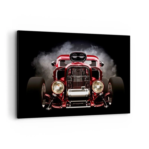 Cuadro sobre lienzo - Impresión de Imagen - Coche de carreras clásico rojo sobre un fondo oscuro - 100x70cm - Rápida y furiosamente bella - Decoración de pared moderna para salón y dormitorio ARTTOR