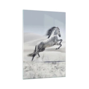Cuadro sobre vidrio - Impresiones sobre Vidrio - Un caballo blanco galopando con las dunas del desierto como telón de fondo. - 70x100cm - Un príncipe árabe - Decoración de pared moderna para salón y dormitorio ARTTOR