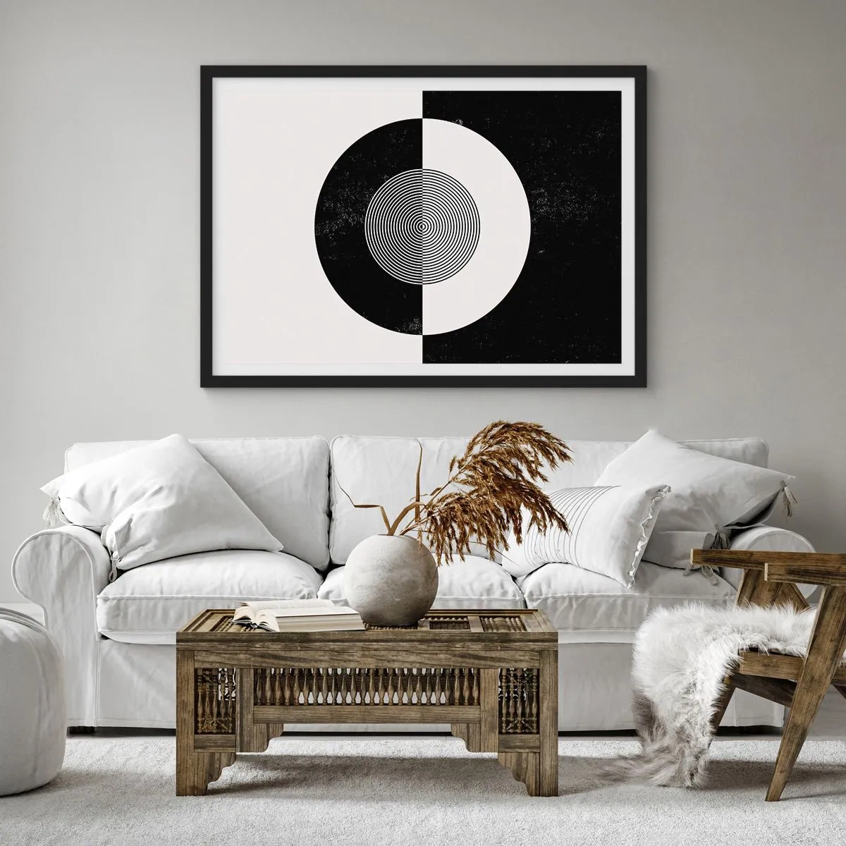 Póster en marco negro - Patrón gráfico en blanco y negro contrastante - 100x70cm - Armonía en blanco y negro - Decoración de pared moderna para salón y dormitorio ARTTOR