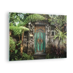 Cuadro sobre vidrio - Impresiones sobre Vidrio - Puerta turquesa adornada en un muro de piedra rodeado de vegetación tropical. - 70x50cm - Una puerta a un mundo exótico - Decoración de pared moderna para salón y dormitorio ARTTOR