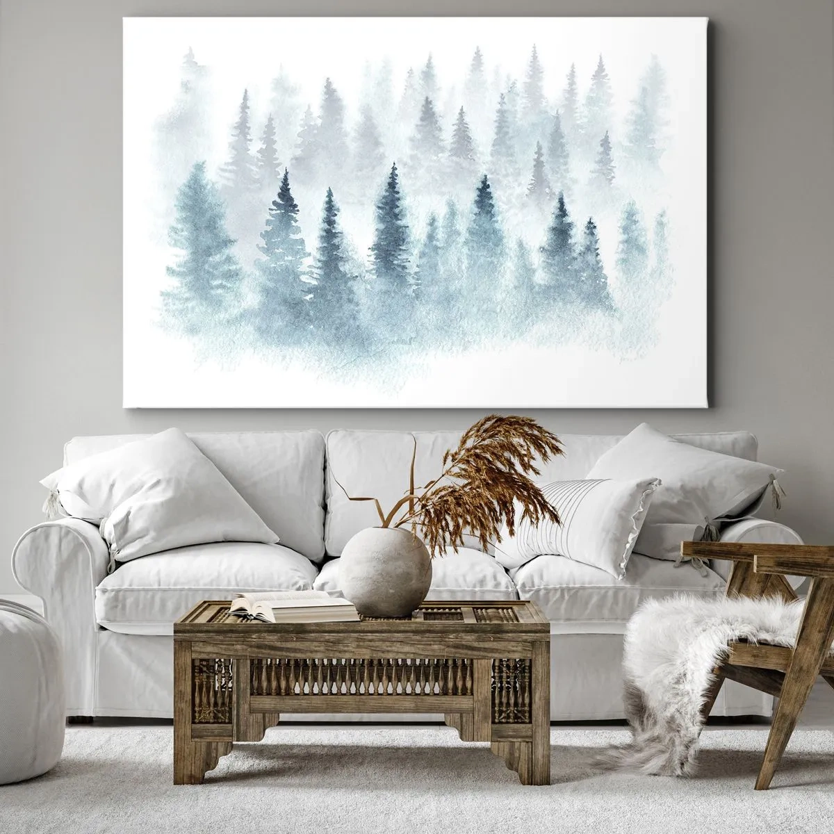 Cuadro sobre lienzo - Impresión de Imagen - Bosques de coníferas bañados por una delicada niebla. - 70x50cm - Envuelto en la niebla - Decoración de pared moderna para salón y dormitorio ARTTOR