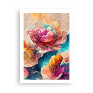 Póster - Flores abstractas en tonos rosa y turquesa. - 50x70cm - El colorido esplendor de un ramo - Decoración de pared moderna para salón y dormitorio ARTTOR