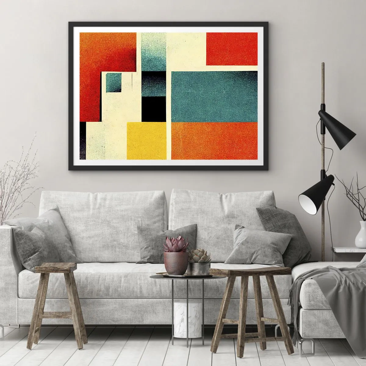 Póster en marco negro - Abstracción geométrica con rectángulos y cuadrados de colores. - 70x50cm - Abstracción geométrica - buena energía - Decoración de pared moderna para salón y dormitorio ARTTOR