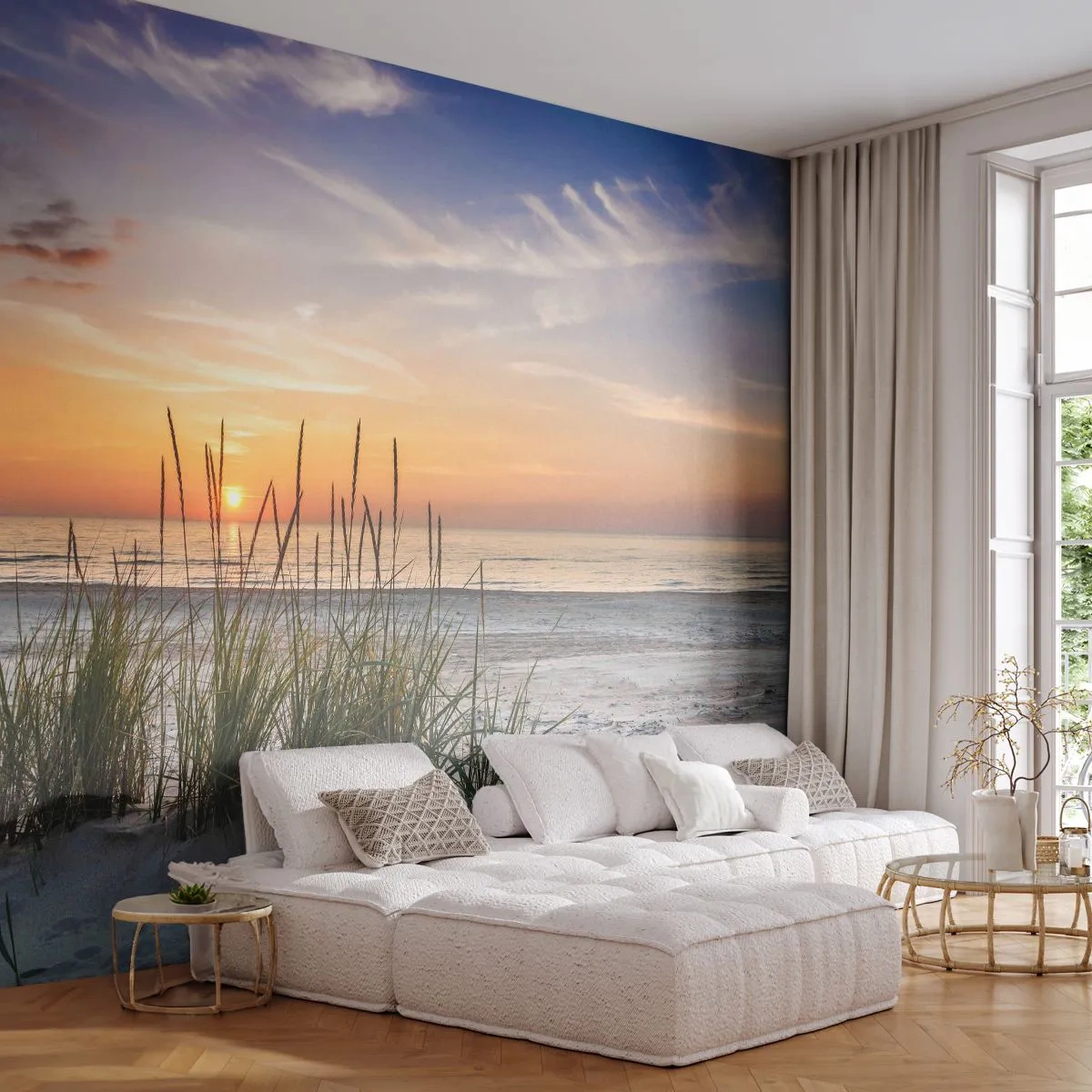 Fotomural Premium Canvas - Una playa de arena al atardecer con césped al fondo. - 100x70cm - Mira, piensa, siente - Decoración de pared moderna para salón y dormitorio ARTTOR