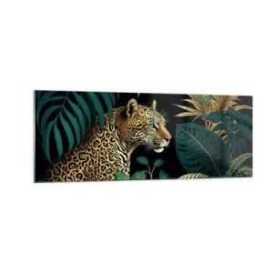 Cuadro sobre vidrio - Impresiones sobre Vidrio - Leopardo en hojas tropicales sobre un fondo negro - 140x50cm - El anfitrión en la jungla - Decoración de pared moderna para salón y dormitorio ARTTOR