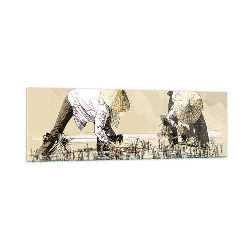 Cuadro sobre vidrio - Impresiones sobre Vidrio - Agricultores trabajando en un campo de arroz con sombreros tradicionales - 160x50cm - De una cosecha exitosa - Decoración de pared moderna para salón y dormitorio ARTTOR
