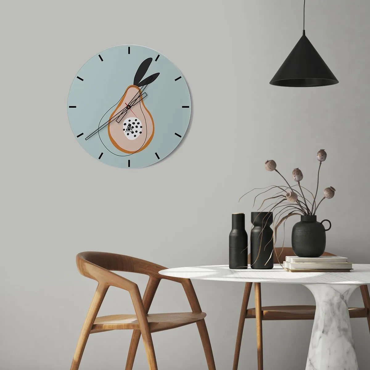 Reloj de pared - Reloj de vidrio - Pera abstracta sobre un fondo pastel con hojas negras - 30x30cm - El interior de la naturaleza - Decoración de pared moderna para salón, cocina y dormitorio ARTTOR