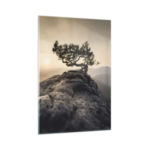 Cuadro sobre vidrio - Impresiones sobre Vidrio - Un árbol solitario en un pico rocoso a la luz del sol. - 80x120cm - La vida se abre camino - Decoración de pared moderna para salón y dormitorio ARTTOR