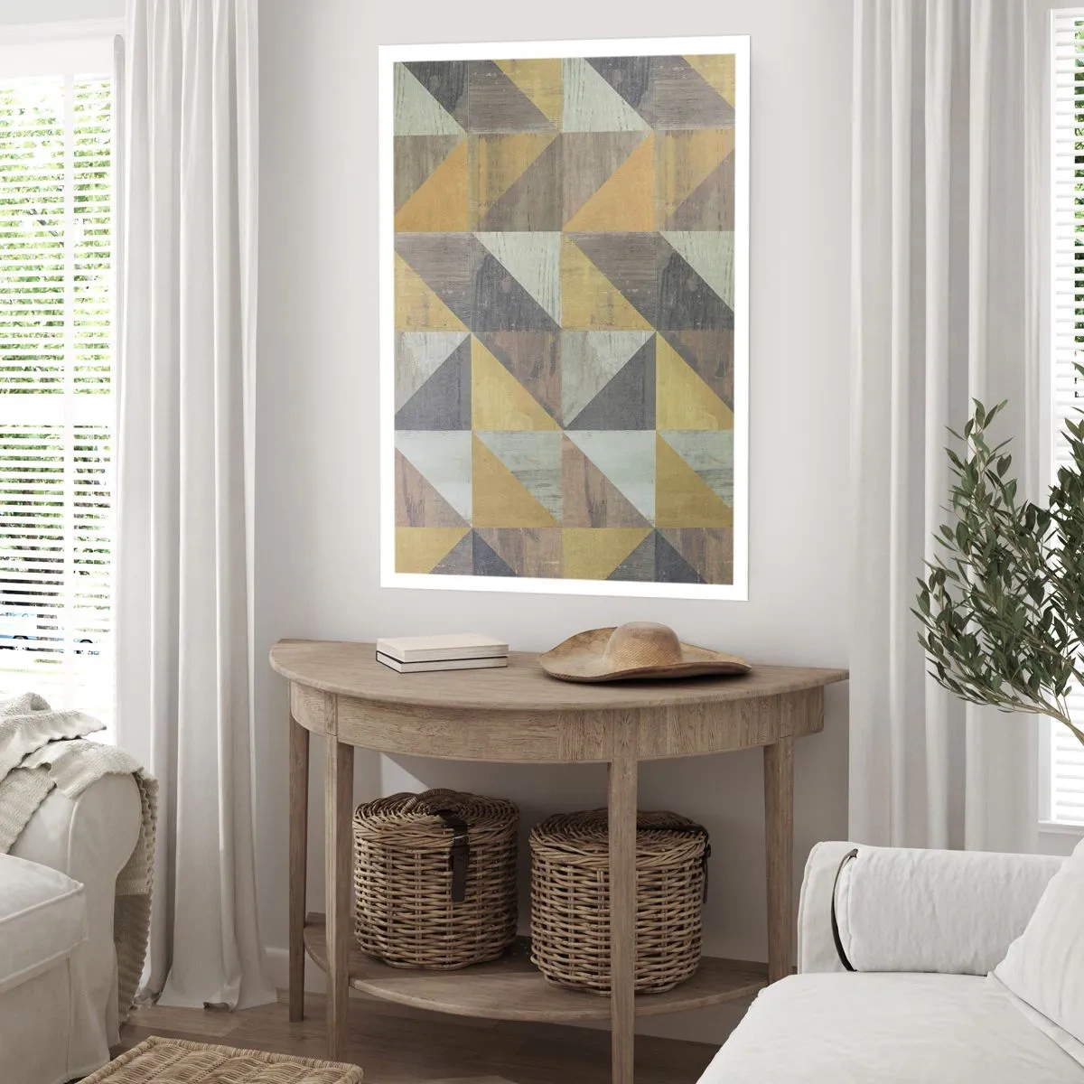 Póster - Patrón geométrico en tonos dorados y grises. - 50x70cm - El arte de los triángulos - Decoración de pared moderna para salón y dormitorio ARTTOR