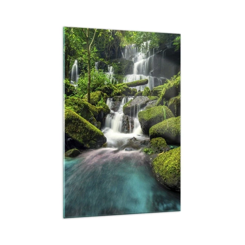 Cuadro sobre vidrio - Impresiones sobre Vidrio - Una cascada tropical rodeada de vegetación y agua turquesa. - 70x100cm - Turquesa, zafiro y plata líquida - Decoración de pared moderna para salón y dormitorio ARTTOR