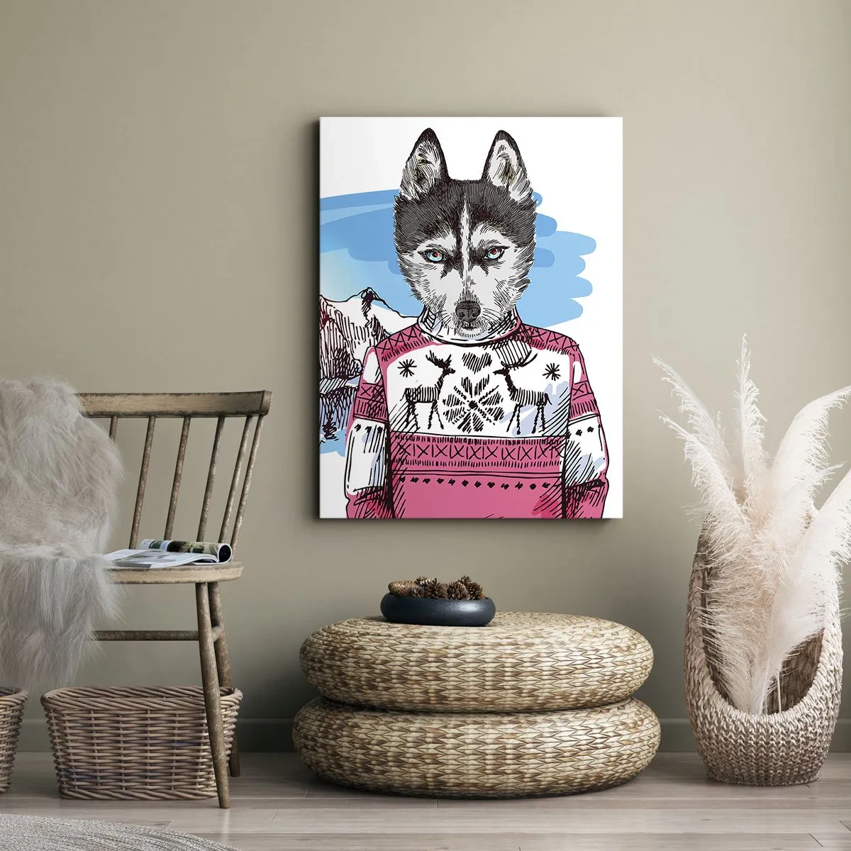 Cuadro sobre lienzo - Impresión de Imagen - Un lobo con un suéter de invierno frente a un paisaje montañoso. - 50x70cm - Un lobo con piel de cordero - Decoración de pared moderna para salón y dormitorio ARTTOR