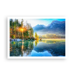 Póster - Un lago rodeado de montañas y bosques bajo los rayos del sol. - 100x70cm - Majestuosidad y dulzura - Decoración de pared moderna para salón y dormitorio ARTTOR