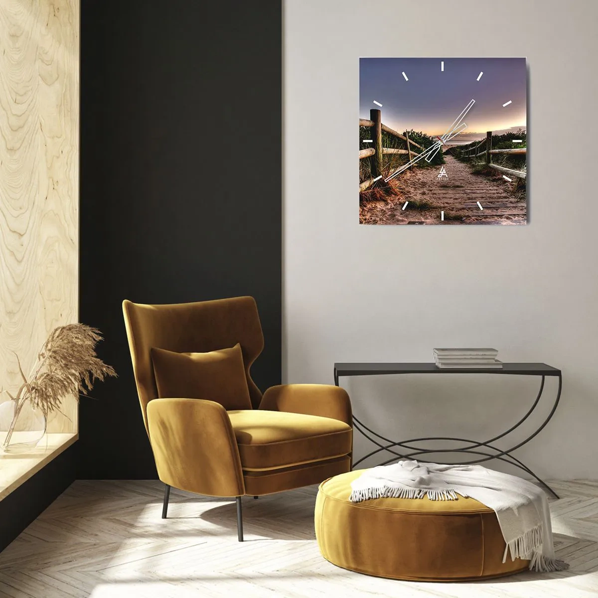 Reloj de pared - Reloj de vidrio - Camino de madera en las dunas que conduce a la playa al atardecer - 30x30cm - Objetivo a la vista - Decoración de pared moderna para salón y dormitorio ARTTOR