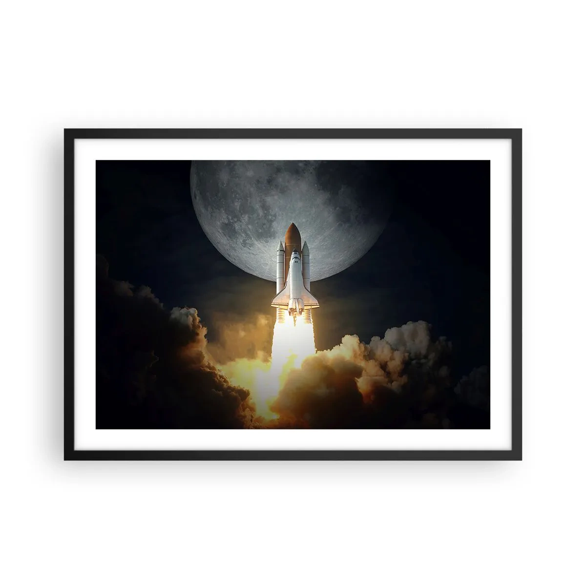 Póster en marco negro - Un cohete despegando con el telón de fondo de una luna llena rodeada de nubes dinámicas. - 70x50cm - El comienzo de una aventura sobrenatural - Decoración de pared moderna para salón y dormitorio ARTTOR