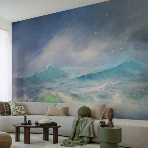 Fotomural Premium Sand - Poderosas olas del océano en un entorno tormentoso - 100x70cm - La fuerza del viento - Decoración de pared moderna para salón y dormitorio ARTTOR