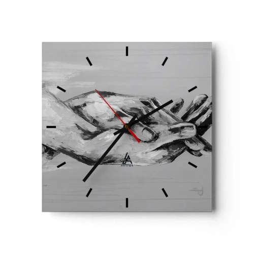 Reloj de pared - Reloj de vidrio - Una composición en blanco y negro de dos manos entrelazadas sobre un fondo claro. - 30x30cm - El comienzo... - Decoración de pared moderna para salón y dormitorio ARTTOR