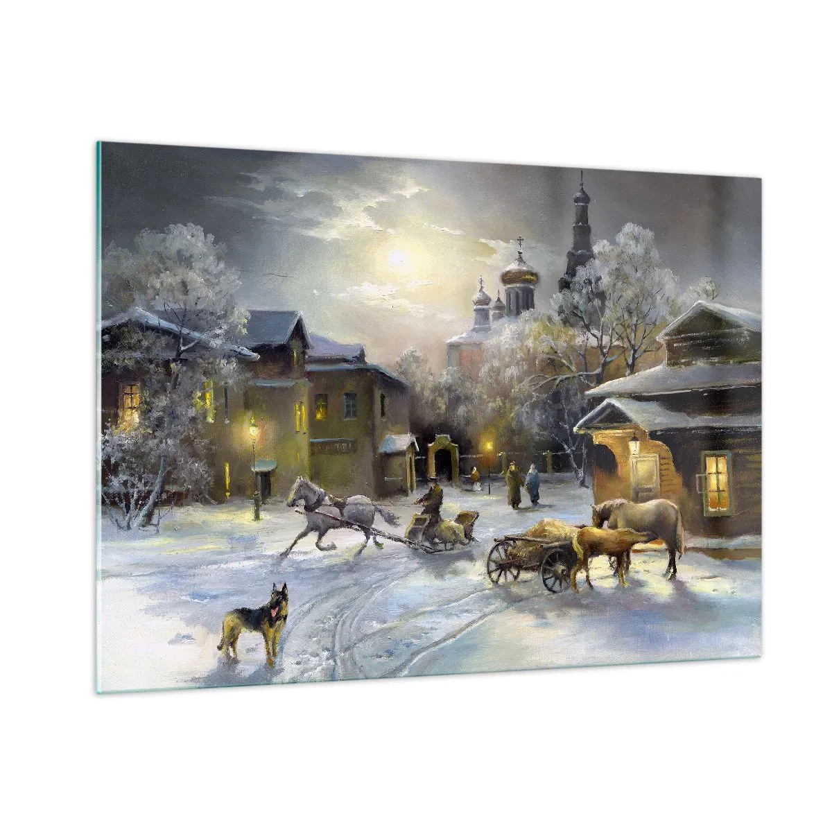 Cuadro sobre vidrio - Impresiones sobre Vidrio - Paisaje urbano invernal iluminado por la luz de la luna - 100x70cm - La magia de un invierno ruso - Decoración de pared moderna para salón y dormitorio ARTTOR